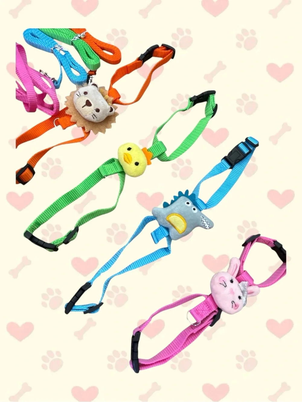 NWOB Set of 4 Small Pet Harness & Leash Sets with Animal Plush Details